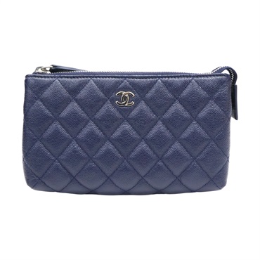 深藍色 菱格紋 牛皮 化妝包 無卡【CHANEL 香奈兒】