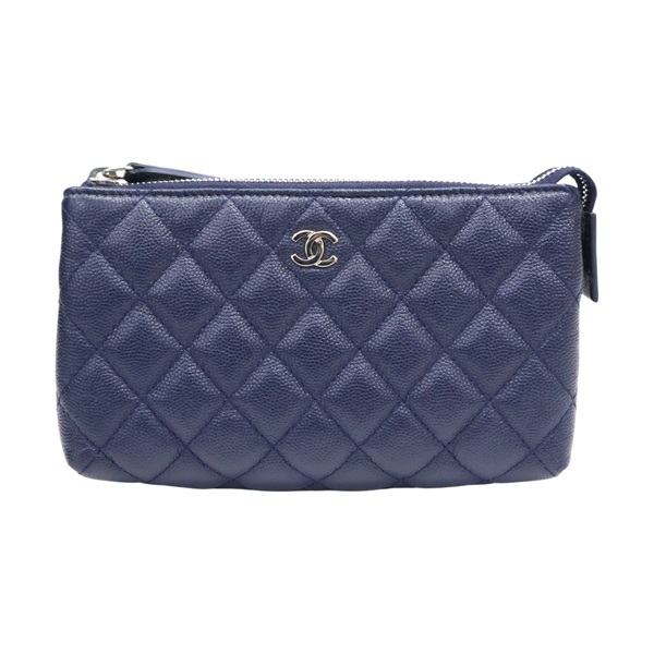 深藍色 菱格紋 牛皮 化妝包 無卡【CHANEL 香奈兒】