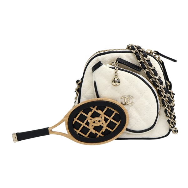 白色 菱格紋帆布 Monte Carlo 網球拍 鍊帶 肩背包【CHANEL 香奈兒】 AP3150