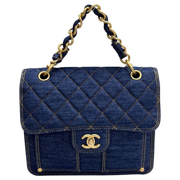 藍色 荔枝紋 牛仔布 Back pack 2way 後背包 金扣 【CHANEL 香奈兒】 AS4031