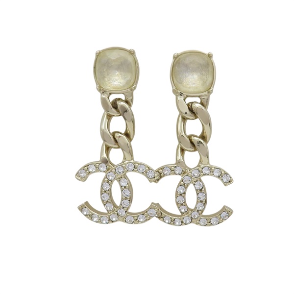 香檳金 金屬 水晶 雙C 鍊帶 耳環【CHANEL 香奈兒】 ABA101