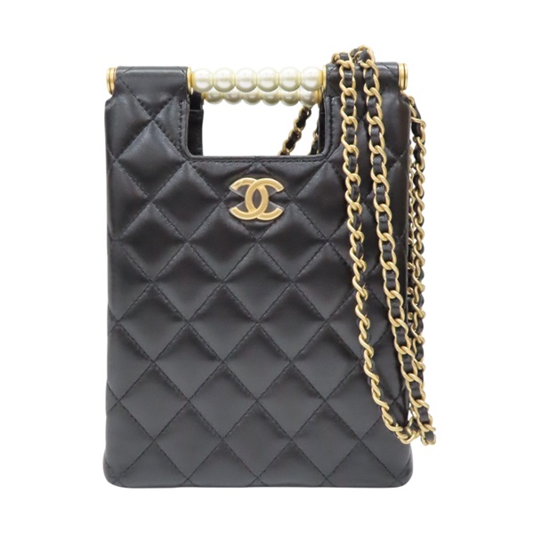 黑色 菱格紋羊皮 珍珠手把 鍊帶 肩背包【CHANEL 香奈兒】 AP4520