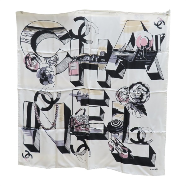 米白色 絲綢 方巾 90x90【CHANEL 香奈兒】