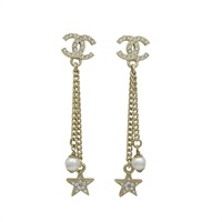 金色金屬 白色圓珠 星星 長鍊帶 耳環【CHANEL 香奈兒】  ABB277