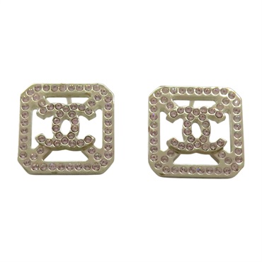 金色金屬 粉色水晶 方框 縷空 耳環【CHANEL 香奈兒】