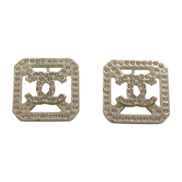 金色金屬 粉色水晶 方框 縷空 耳環【CHANEL 香奈兒】