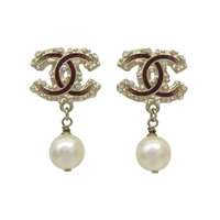 金色金屬 珍珠墜飾 雙C耳環【CHANEL 香奈兒】