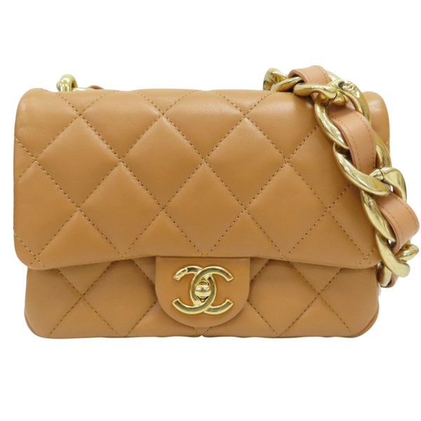 焦糖色 羊皮 粗鏈 肩背包 金扣【CHANEL 香奈兒】 AS3214
