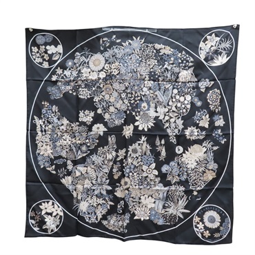 黑色 絲綢 PLANIFLEUR 方巾 90x90【HERMES 愛馬仕】 H003965S