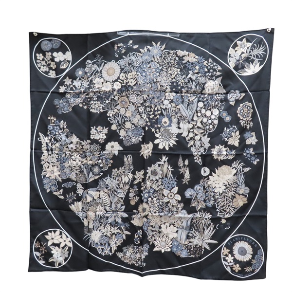 黑色 絲綢 PLANIFLEUR 方巾 90x90【HERMES 愛馬仕】 H003965S