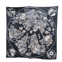 黑色 絲綢 PLANIFLEUR 方巾 90x90【HERMES 愛馬仕】 H003965S