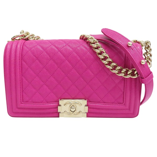 桃紅色 菱格紋 荔枝紋 牛皮 Boy 25 肩背包 金釦【CHANEL 香奈兒】 A67086