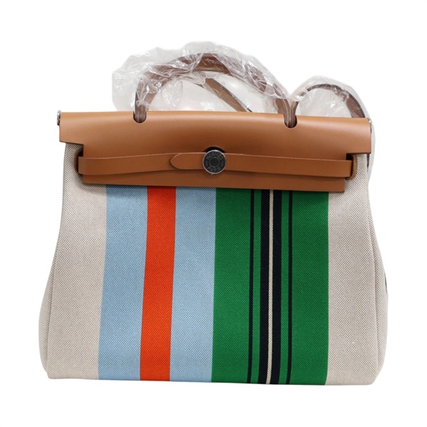 棕色 3色線條 帆布 牛皮 Herbag Zip 31 兩用包 W刻【HERMES 愛馬仕】 H085372CKAC