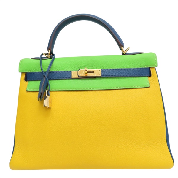 黃/綠/藍色 TC牛皮 Kelly 32 Tricolor 手提包 (沒有背帶) □G刻【HERMES 愛馬仕】