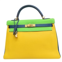 黃/綠/藍色 TC牛皮 Kelly 32 Tricolor 手提包 (沒有背帶) □G刻【HERMES 愛馬仕】