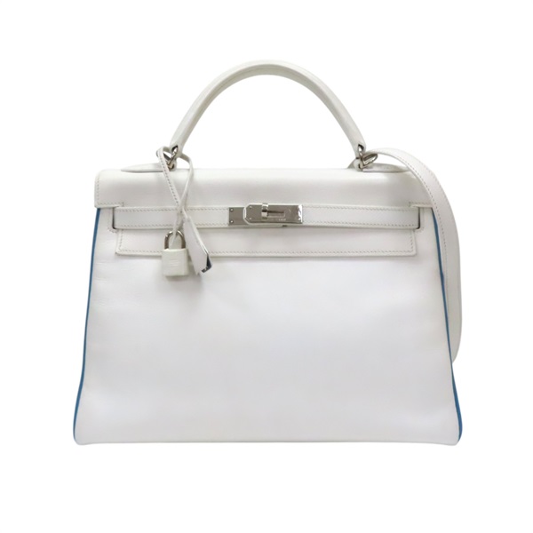 白/藍色 Courchevel 牛皮 Kelly 32 凱莉包 兩用包 □I刻 銀扣【HERMES 愛馬仕】