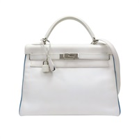 白/藍色 Courchevel 牛皮 Kelly 32 凱莉包 兩用包 □I刻 銀扣【HERMES 愛馬仕】