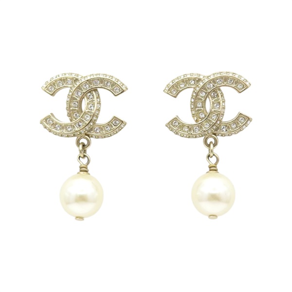 淺金色鍍金 人造珍珠 水鑽 LOGO 珍珠垂墜 耳環【CHANEL 香奈兒】