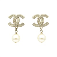 淺金色鍍金 人造珍珠 水鑽 LOGO 珍珠垂墜 耳環【CHANEL 香奈兒】