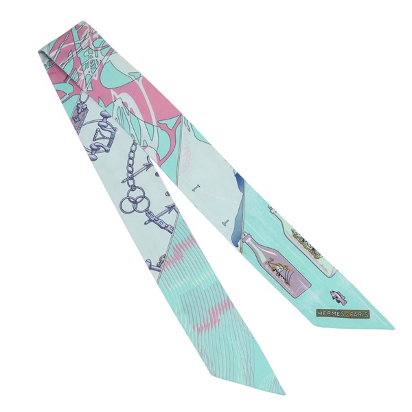湖水綠 流水瓶 絲綢 Twilly 絲巾 (污漬/脫線)【HERMES 愛馬仕】