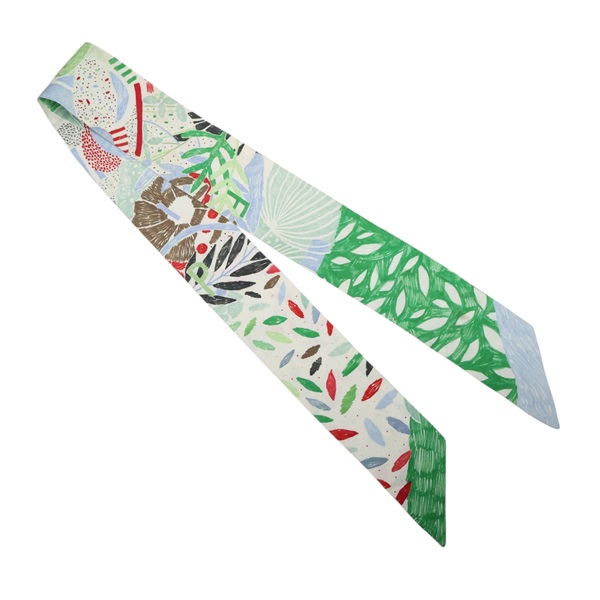 綠色 植物葉子圖案 絲綢 Twilly 絲巾 (污漬/脫線)【HERMES 愛馬仕】