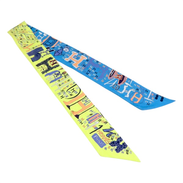 藍/綠色 絲綢 Twilly 絲巾(污漬/脫線)【HERMES 愛馬仕】