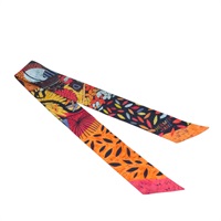 橘/藍色  楓葉 絲綢 Twilly 絲巾 (污漬/脫線)【HERMES 愛馬仕】