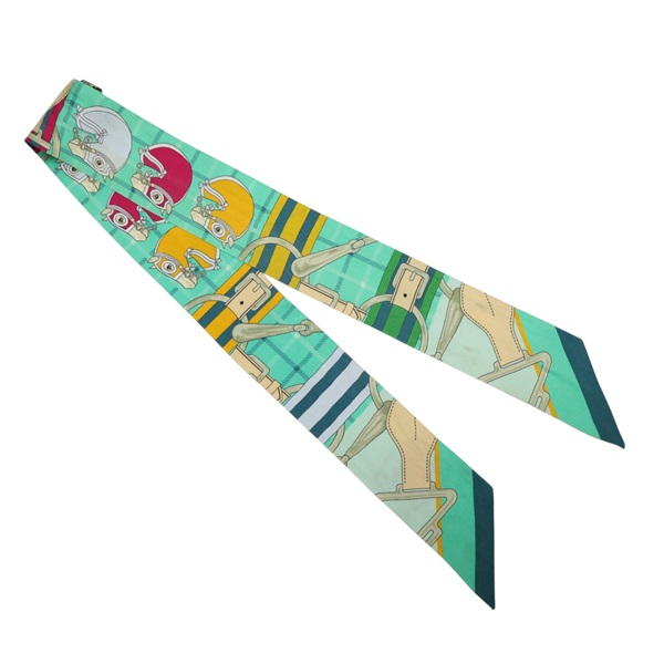 綠色 馬頭 絲綢 Twilly 絲巾 (污漬/脫線)【HERMES 愛馬仕】