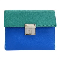 藍/綠 Mysore山羊皮 Clic mini 摺疊名片夾 銀釦 D刻【HERMES 愛馬仕】