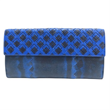 藍色 雙皮革 釦式長夾【BOTTEGA VENETA BV 寶緹嘉】