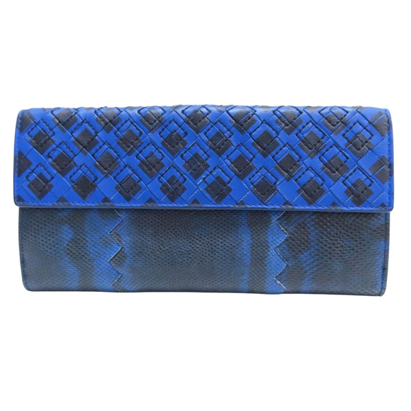 藍色 雙皮革 釦式長夾【BOTTEGA VENETA BV 寶緹嘉】