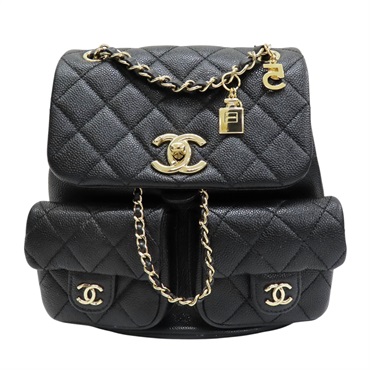 黑色 菱格紋 荔枝紋 後背包 金釦【CHANEL 香奈兒】 AS3860