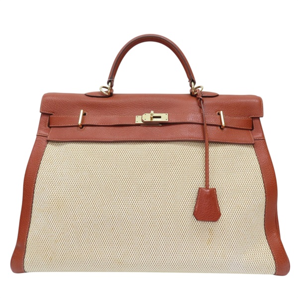 米色帆布 棕色皮革 Kelly 50 凱莉包 手提包 口G刻 金釦 (無鎖頭/背帶)【HERMES 愛馬仕】