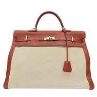 米色帆布 棕色皮革 Kelly 50 凱莉包 手提包 口G刻 金釦 (無鎖頭/背帶)【HERMES 愛馬仕】