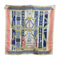 卡其色 /藍色 絲綢 Fantaisie d'Etriers 方巾 90x90【HERMES 愛馬仕】