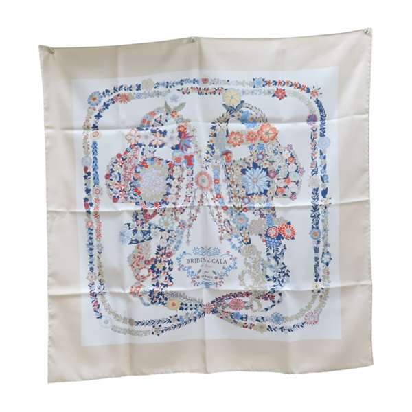 米白色 絲綢 Brides de Gala en Fleurs 方巾 90x90【HERMES 愛馬仕】 004192S 07