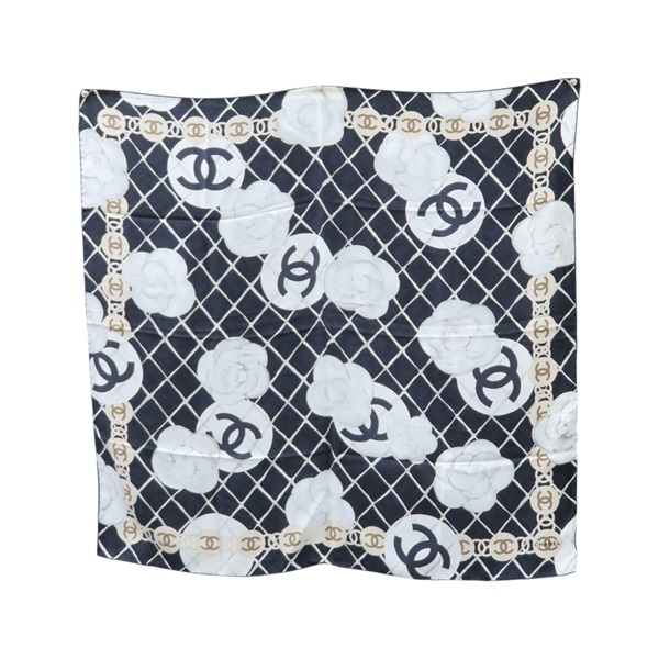 黑色 絲綢 山茶花 方巾 90x90【CHANEL 香奈兒】 A39577