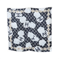 黑色 絲綢 山茶花 方巾 90x90【CHANEL 香奈兒】 A39577