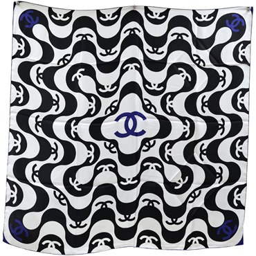 白色 黑白波紋 絲綢 絲巾 90x90【CHANEL 香奈兒】
