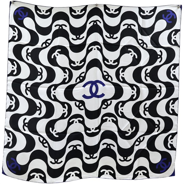 白色 黑白波紋 絲綢 絲巾 90x90【CHANEL 香奈兒】