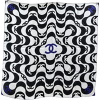 白色 黑白波紋 絲綢 絲巾 90x90【CHANEL 香奈兒】