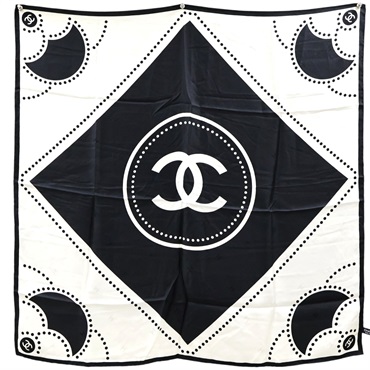 黑/白色 絲綢 絲巾 90x90【CHANEL 香奈兒】