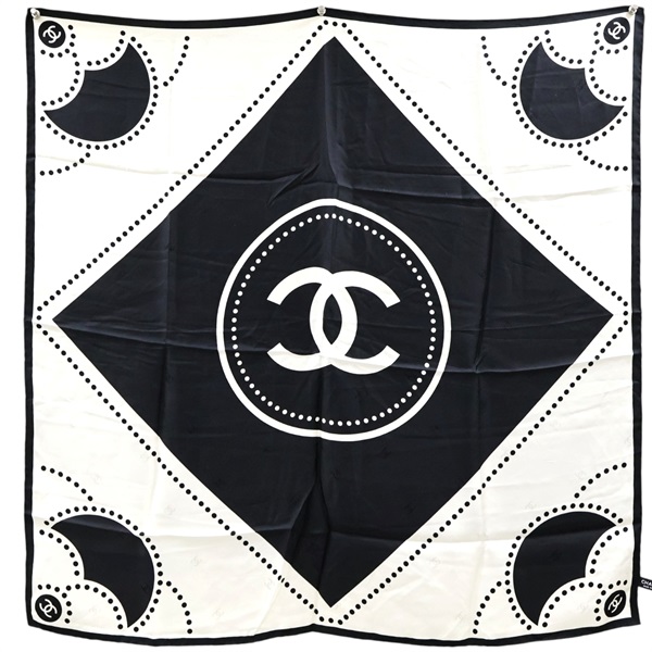 黑/白色 絲綢 絲巾 90x90【CHANEL 香奈兒】