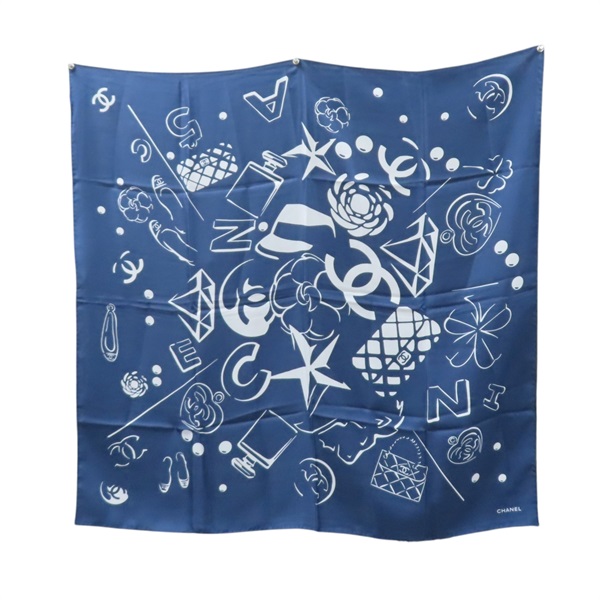 藍色 絲綢 CC Camellia Print Scarf 方巾 90x90【CHANEL 香奈兒】