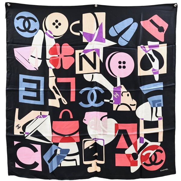 黑色 絲綢 絲巾 90x90【CHANEL 香奈兒】