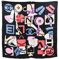 黑色 絲綢 絲巾 90x90【CHANEL 香奈兒】