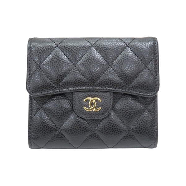 黑色 粒紋牛皮 雙C 口蓋 短夾【CHANEL 香奈兒】 AP0231