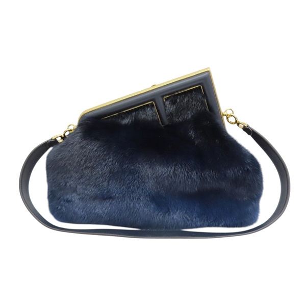 深藍色 毛皮 牛皮 First shoulder 肩背包【FENDI 芬迪】 8BP127