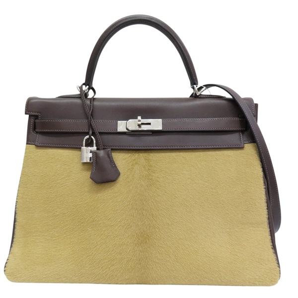 棕色 Ever calf/Veau Troik牛皮/小牛毛皮 Kelly 35 凱莉包 兩用包 □K刻 銀扣【HERMES 愛馬仕】