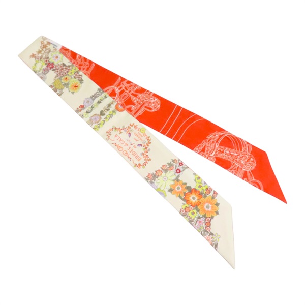橘色/米色 花卉 絲綢 Twilly 絲巾【HERMES 愛馬仕】 H064220S
